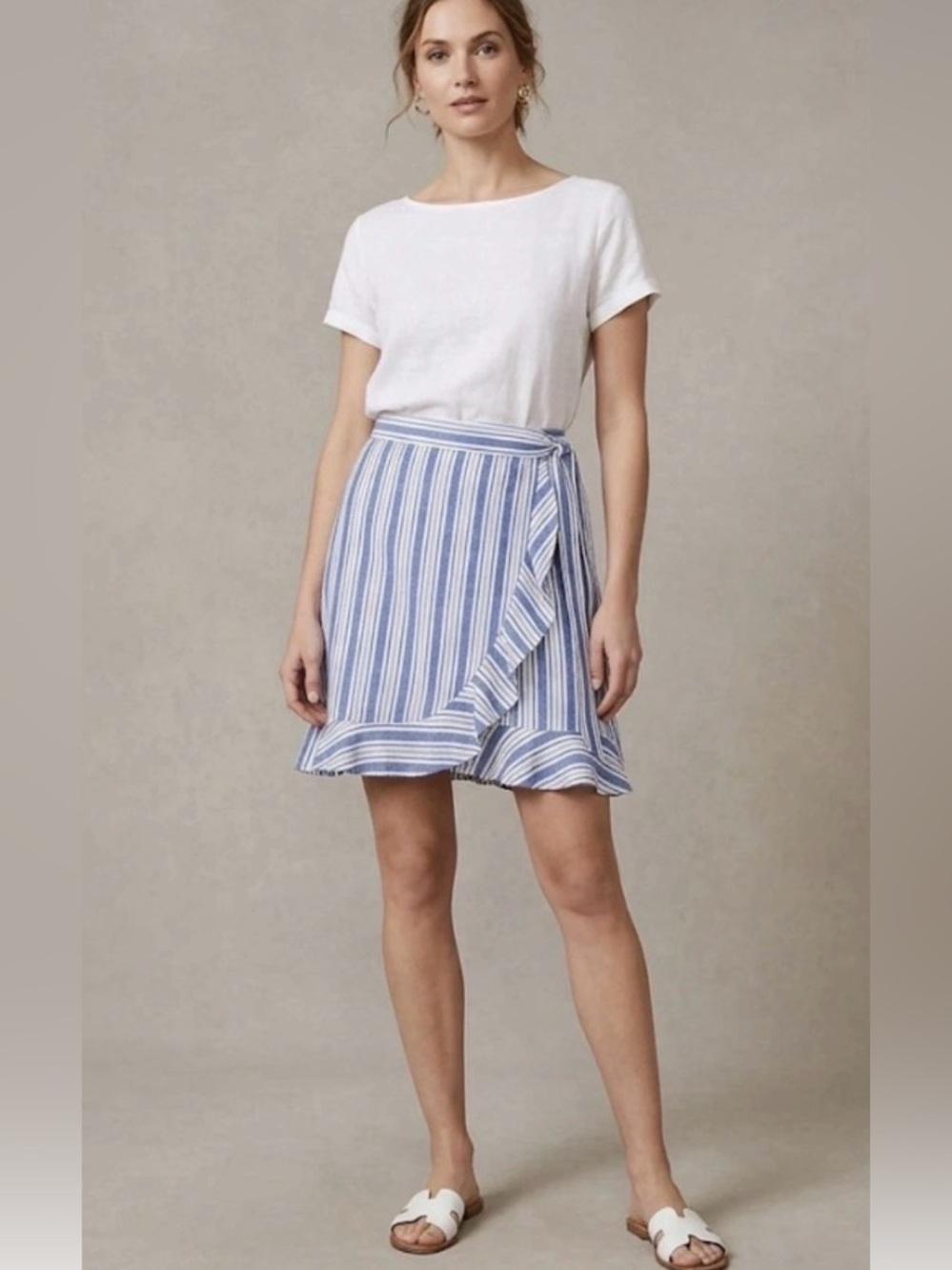 LOFT Blue and White Striped Wrap Ruffle Skirt